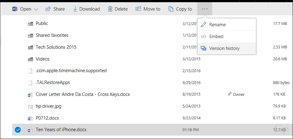 Obnovenie predchádzajúcich verzií súborov v OneDrive