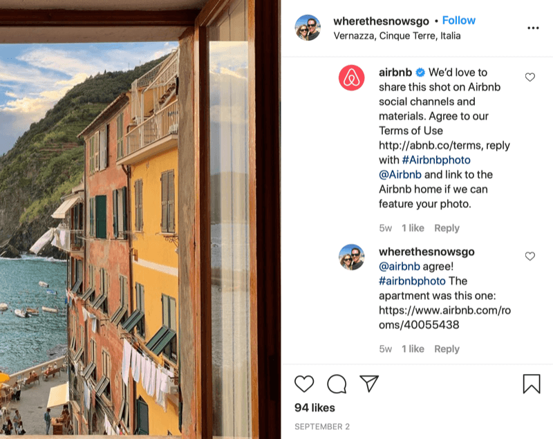 príklad písomného povolenia pre instagram medzi @wherethesnowsgo a @airbnb so žiadosťou o zdieľanie fotografie a informácie o spôsobe poskytnutia súhlasu a odpoveď od @wherethesnowsgo povoľujúca opätovné zdieľanie súboru obrázok