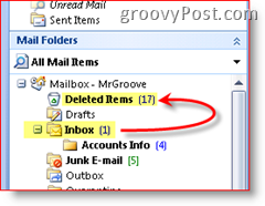 Snímka obrazovky programu Outlook 2007 vysvetľujúca, že odstránené položky sa presunú do priečinka odstránených položiek