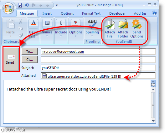 Tlačidlá YouSendIt na páse Outlook 2007
