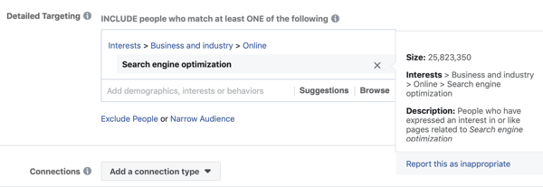 Príklad štandardného facebookového zacielenia na záujmy Optimalizácia vyhľadávacieho modulu, ktorá vedie k príliš veľkému publiku (25 miliónov).