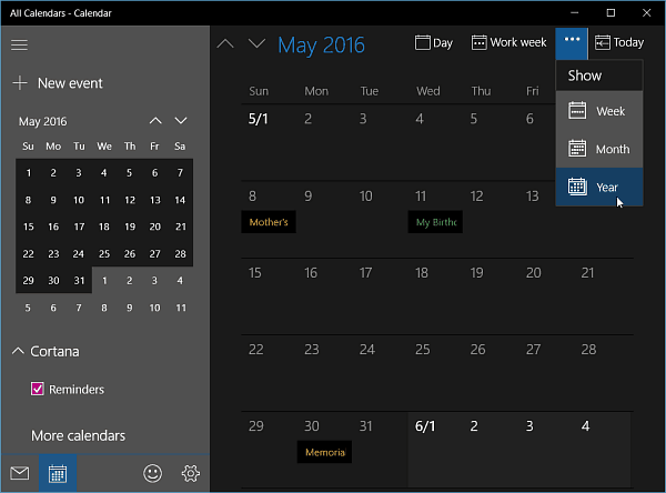 Aplikácia Kalendár pre Windows 10 Insider Build 11099 dostáva zobrazenie roku