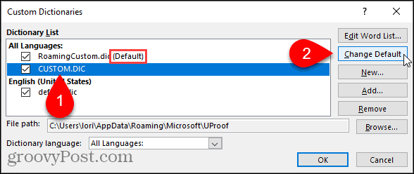 Zmeňte predvolený vlastný slovník v programe Word