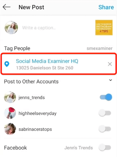 možnosť nového príspevku v instagrame zobrazujúca miesto vybrané pre označovanie