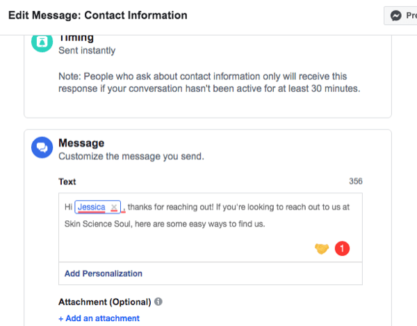 snímka obrazovky s nastavovacím rozhraním automatickej odpovede na kontaktné informácie služby Facebook Messenger