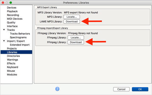 Nainštalujte voliteľný kodér LAME MP3 a knižnicu FFmpeg s programom Audacity.