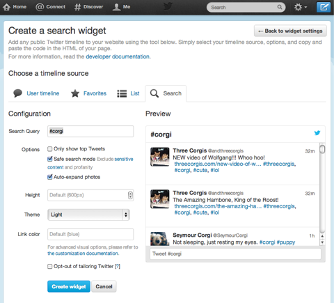 vytvoriť widget pre vyhľadávanie na twitteri