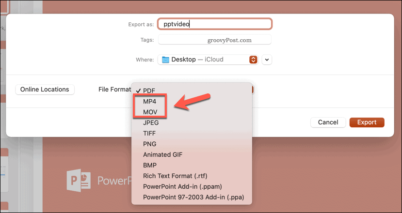 Výber formátu súboru na export v PowerPointe pre Mac