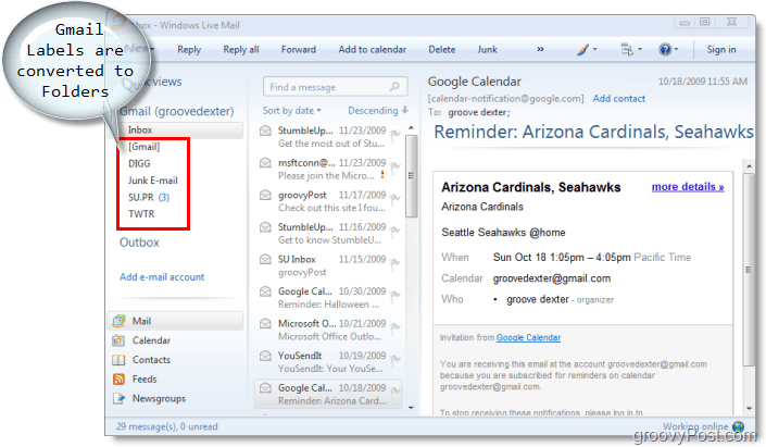 e-mailový klient pre Windows Live Mail, gmail menovky sú prevedené do priečinkov v Windows Live Mail