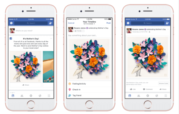 Spoločnosť Facebook uviedla na trh prispôsobené karty, tematické masky a rámčeky vo fotoaparáte Facebook a dočasnú „vďačnú“ reakciu na počesť Dňa matiek.