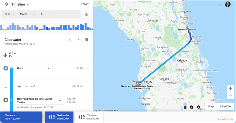 Podrobnosti o ceste na časovej osi Máp Google