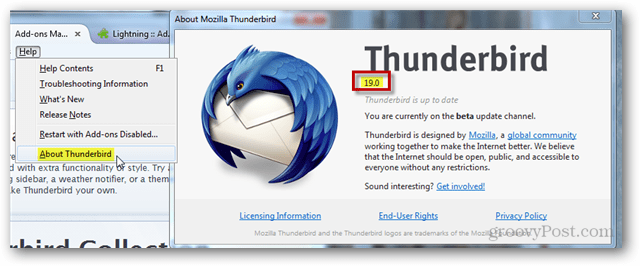 nájsť verziu Thunderbird
