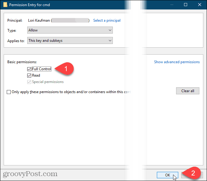 Začiarknite políčko Úplná kontrola a kliknite na tlačidlo OK v dialógovom okne Zadanie povolení v registri systému Windows