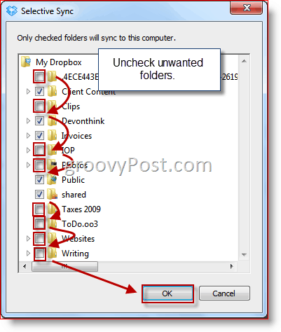 Výber priečinka Dropbox systému Windows Selective Sync