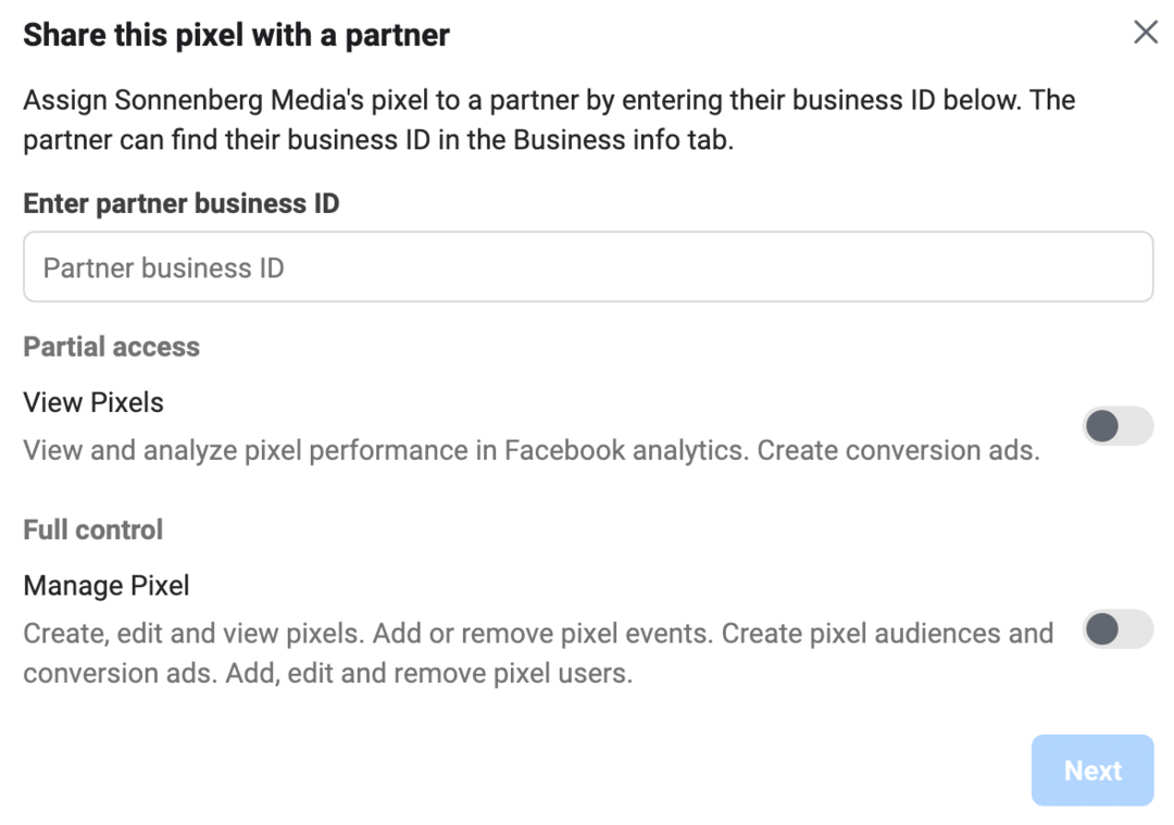 obrázok obrazovky Share This Pixel With Partner v Meta Business Manager