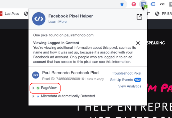 Facebook Pixel Helper zobrazujúci udalosť Zobrazenie stránky