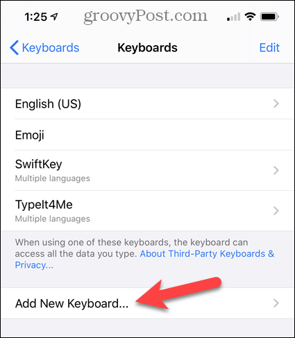 V Nastaveniach iPhone klepnite na Pridať novú klávesnicu
