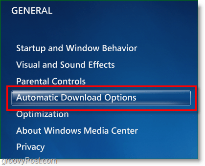 Windows 7 Media Center - kliknite na možnosti automatického sťahovania