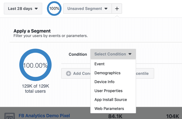 Možnosti podmienok pre vaše segmenty vo vašich skupinách zdrojov udalostí služby Facebook Analytics.