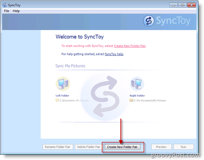 Microsoft SyncToy Vytvorenie nového priečinka Pair Screenshot