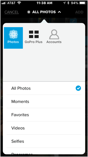 Klepnite na ikonu + a vyberte video alebo päť alebo viac obrázkov, ktoré chcete importovať do aplikácie Quik.