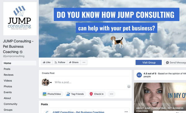 Ako používať funkcie skupín na Facebooku, príklad stránky na Facebooku pre JUMP Consulting