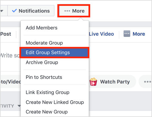 Kliknite na tlačidlo Viac na hornom paneli vašej skupiny na Facebooku a vyberte Upraviť nastavenia skupiny.