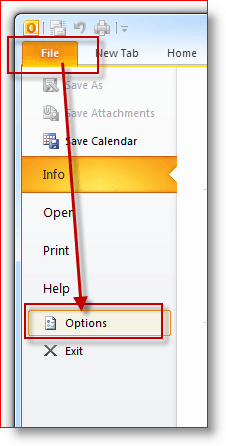 Súbor programu Outlook 2010, ponuka možností