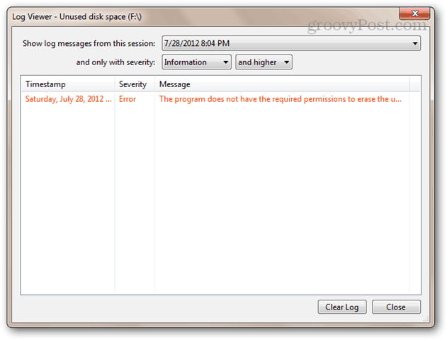 Program nemá potrebné povolenia na vymazanie nevyužitého priestoru na disku