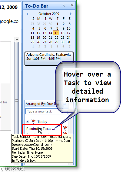 Panel úloh programu Outlook 2007 - umiestnením kurzora myši nad položku zobrazíte ďalšie podrobnosti