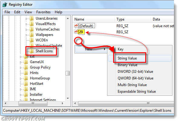 v systéme Windows 7 vytvorte ikony shellu a hodnotu reťazca 29