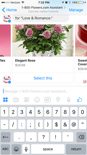 Zákazníci môžu ľahko prechádzať a vyberať produkty z chatbotu 1-800-Flowers.