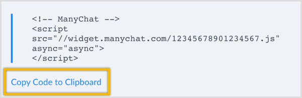 ManyChat Kopírovať kód do schránky