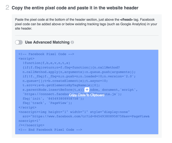 Skopírujte pixelový kód Facebook a nainštalujte ho na svoj web.