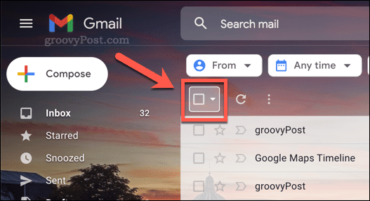 Ikona začiarkavacieho políčka na výber e-mailov v Gmaile