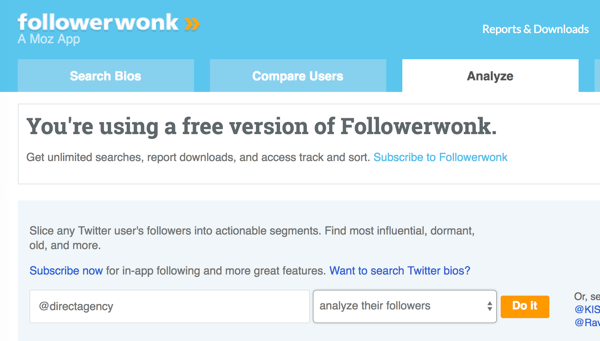 Vyberte účet Twitter, ktorý chcete analyzovať, pomocou služby Followerwonk.