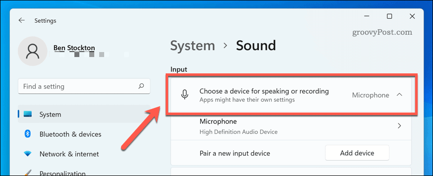 Výber vstupného zvukového zariadenia v systéme Windows 11