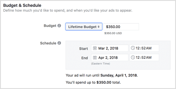 Vyberte pre svoje reklamy doživotný rozpočet.