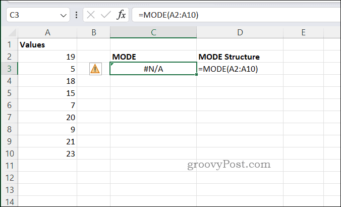 Príklad chyby NA pre MODE v Exceli