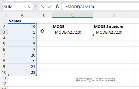 Príklad vzorca MODE v Exceli