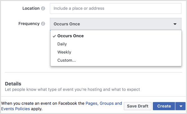 vyberte interval z ponuky Frekvencia a vytvorte opakujúcu sa udalosť so stránkou Facebook
