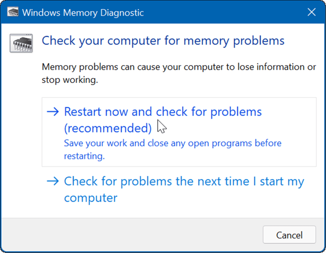 Diagnostika pamäte systému Windows reštartujte a skontrolujte