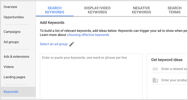 Google Adwords pridáva kľúčové slová do reklamnej skupiny