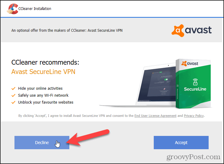 Odmietnuť Avast VPN v CCleaner