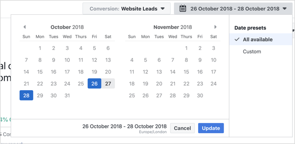Vyberte si rozsah dátumov, ktorý chcete zobraziť, pomocou nástroja Pripisovanie na Facebooku.