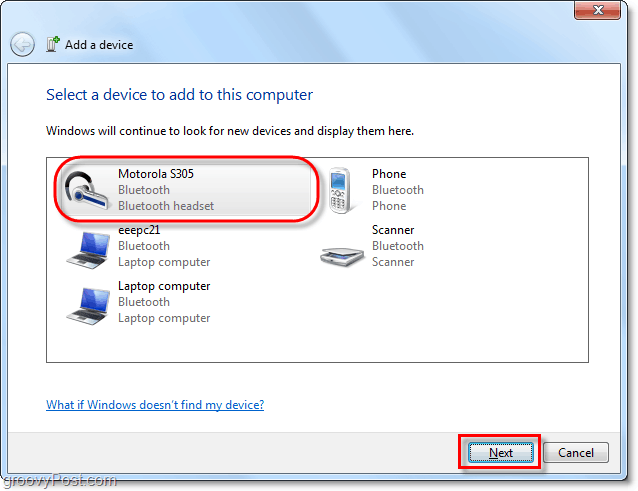 kliknite na vaše zariadenie Bluetooth v sprievodcovi pridaním zariadenia so systémom Windows 7 a kliknite na tlačidlo Ďalej
