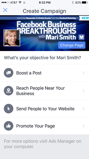 panel s reklamou na facebooku v aplikácii správcu stránok na facebooku