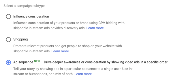 Ako nastaviť reklamnú kampaň na YouTube, krok 39, možnosť nastaviť postupnosť reklám