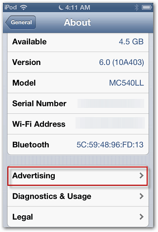 Informácie o reklame na iOS 6
