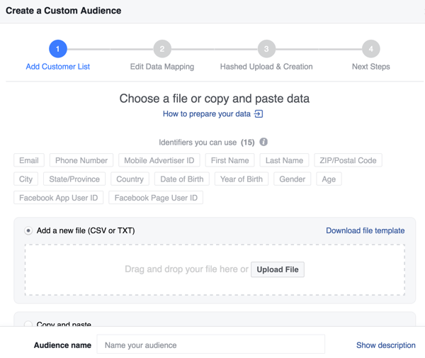 Pri vytváraní vlastného publika z Facebooku zo zoznamu e-mailov môžete vylepšiť mieru zhody pomocou ďalších identifikátorov.